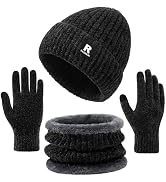 Winter Beanie Hat Circle Scarf Gloves Set for Men Women, Thick Warm Chenille Skull Cap Touchscree...