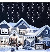 Hopolon 33FT 360L LED Christmas Icicle Lights Outdoor Waterproof,8 Modes Plug in Curtain String L...