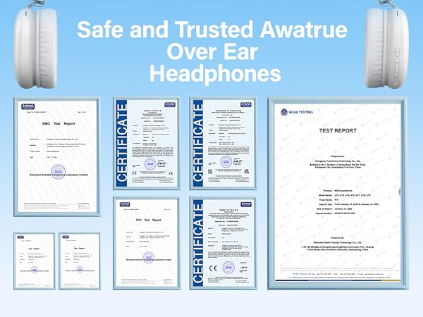 Multiple certification and test report documents for Awatrue over-ear headphones, showcasing safety and quality assurance credentials.