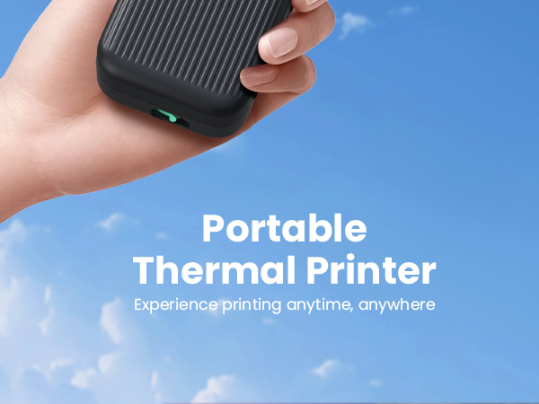 Text reads 'Portable' and 'Thermal Filter'. Marketing image showing hands holding a black textured device against blue background.