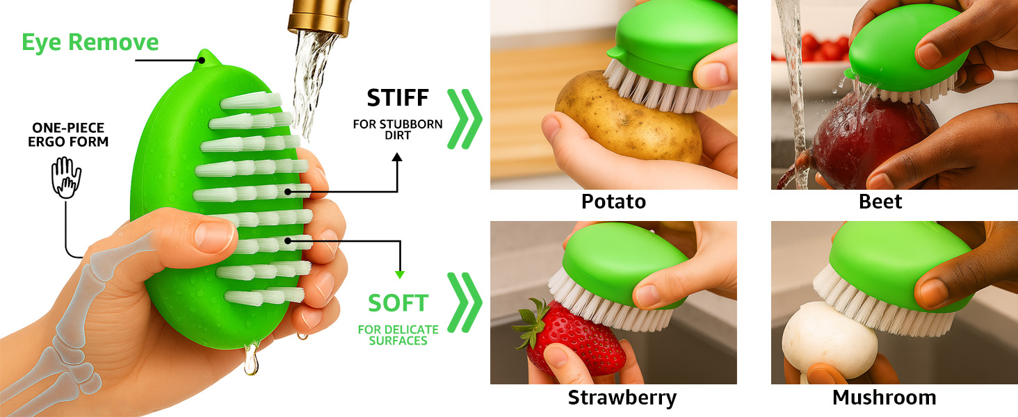 hard soft bristles fruit berry gentle cleaning scrubber