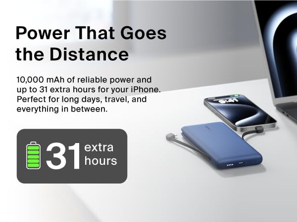 Image of portable charger with phone with text reading power that goes the distance.