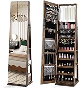 CHARMAID Swivel Jewelry Armoire with Full-Length Mirror & Lighted Makeup Mirror, 360° Rotating Je...