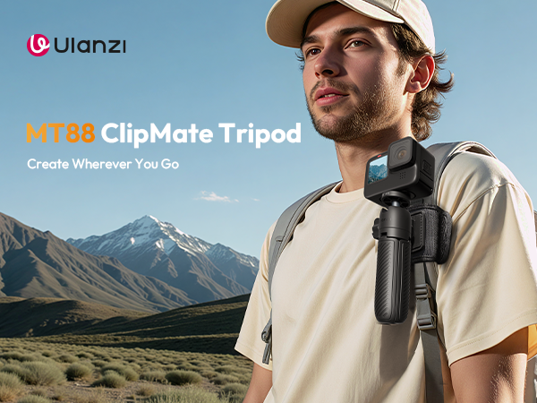 ULANZI MT88 ClipMate Camera Tripod, Selfie Stick w Velcro Strap &amp; Action Camera Adapter