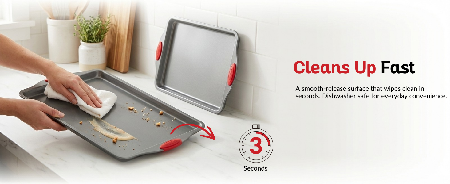 Hand wipes baking sheet clean fast, showing smooth-release nonstick surface
