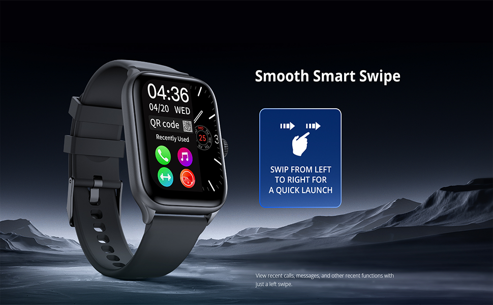 Smart watch with black band displaying digital interface against nighttime mountain backdrop, featuring 'Smooth Smart Swipe' functionality.