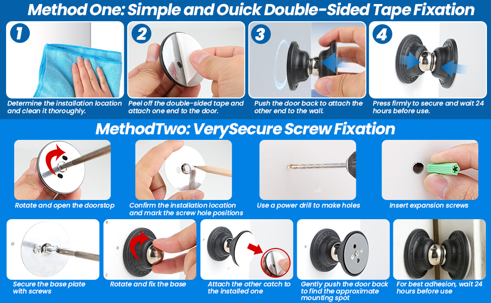 RV magnetic door holder installation with adhesive tape or screws