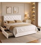 LIKIMIO Luxury Queen Bed Frame with 4 Storage Drawers, Height Adjustable Headboard, Complete Bouc...