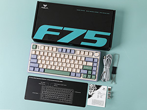 F75 mechanical keyboard with compact 75% layout, shown with white keycaps, USB cable, and original packaging on mint green background.