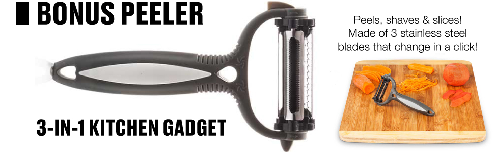 3 in 1 Bonus Peeler shaves, peels, and slices!