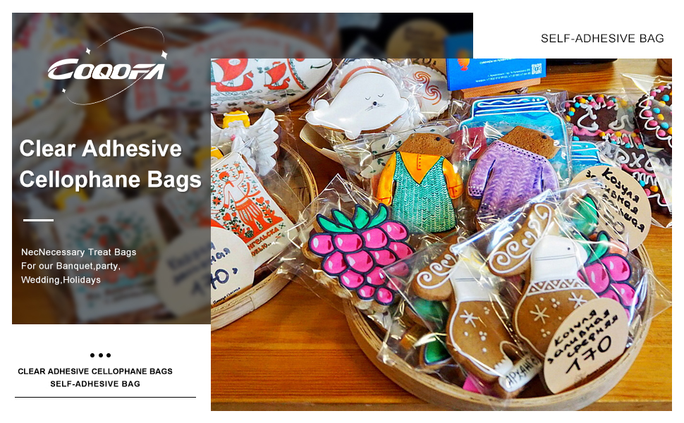 COQOFA Clear Cellophane Bags Self Adhesive Cookie Candy Bags 
