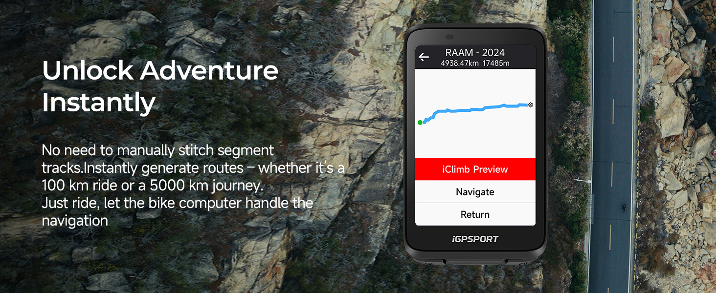 Mobile app interface showing elevation graph and navigation data against aerial landscape background, with text 'Unlock Adventure Instantly.'
