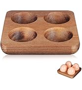 Homoyoyo 4 Egg Holder Countertop, Acacia Wood Egg Holder 4 Slot, Compact Natural Organizer for Ki...
