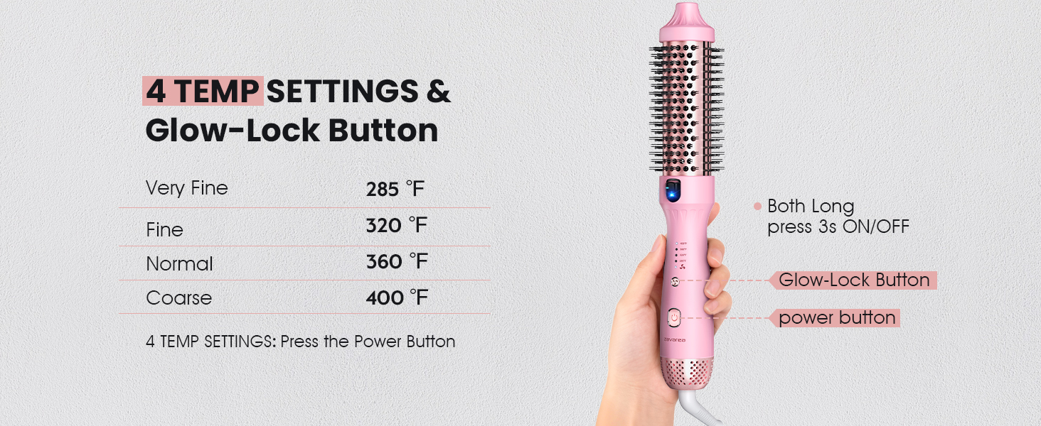 4 temp setting, glow-lock button