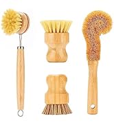 SAMEBUTECO Bamboo Dish Brushes Sets 4 Tools in One Kitchen Clean Dish Scrubber for Pots Pans Bott...