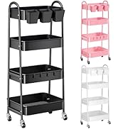 4 Tier Black Metal Rolling Cart with Lockable Wheels and Cups, Four Tiered Utility Storage Organi...