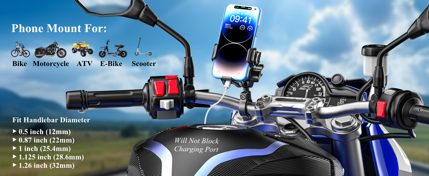 Motorcycle phone mount for bike bicycle atv scooter