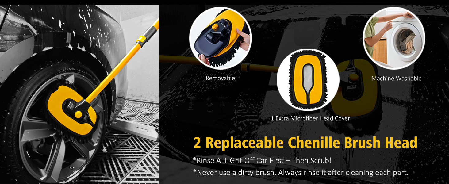 Car cleaning brush with yellow handle and replaceable chenille head. Shows brush in use on a tire and close-ups of brush head and microfiber mitt. Text highlights replaceable brush feature.