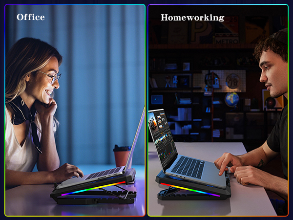 Text reads 'Office' and 'Homeworking'. Images showing RGB gaming or office accessories with illuminated keyboards and mice in dark setting.