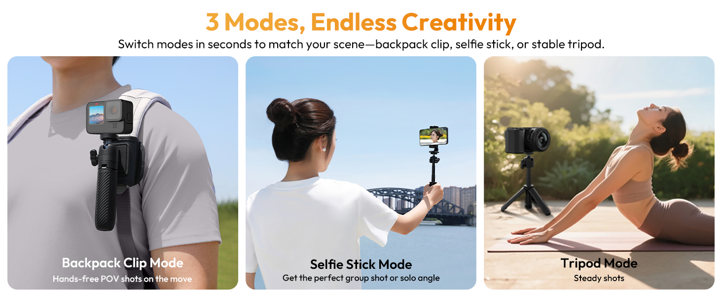 ULANZI MT88 ClipMate Camera Tripod, Selfie Stick w Velcro Strap &amp; Action Camera Adapter