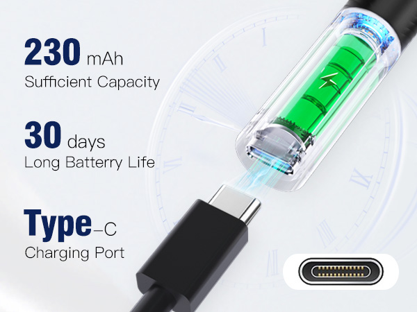 230mAh,Sufhcient Capacity. 30 days Long Batterry Life . Type-cCharging Port