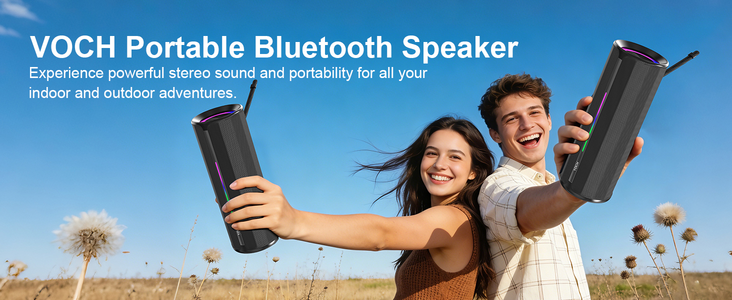 Text reads 'VOCH Portable Bluetooth Speaker'. Two people holding black cylindrical portable speakers outdoors in tropical setting with palm trees.