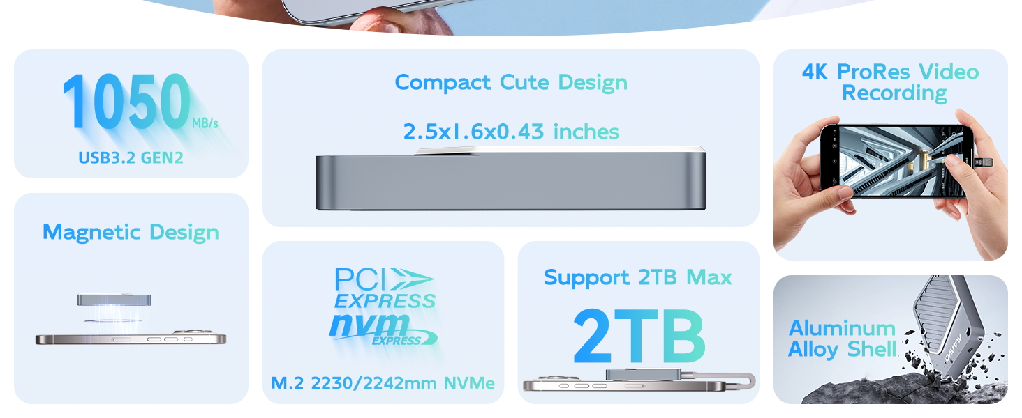 Magnetic 10Gbps NVMe enclosure for 2230 2242 SSD