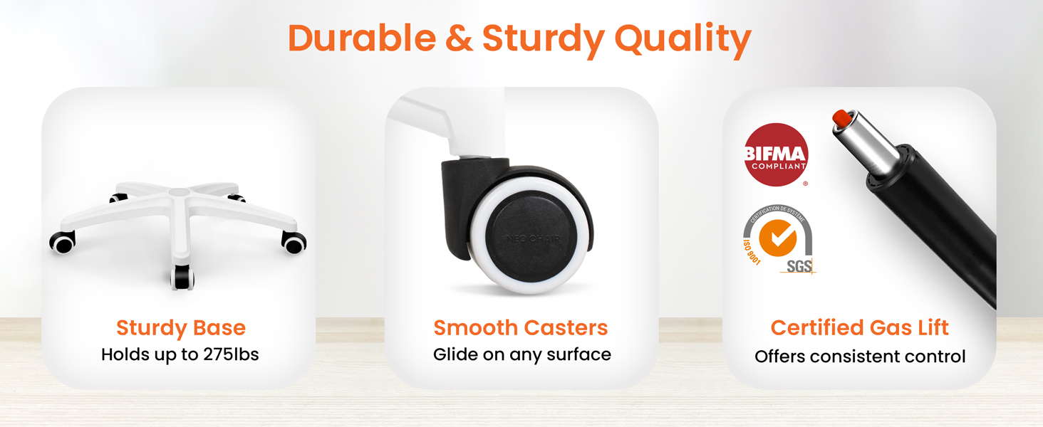 Rolling chair with sturdy base and durable wheels