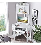 Tangkula White Corner Desk with Hutch, 90 Degrees Triangle Computer Desk with Keyboard Tray &amp; Boo...