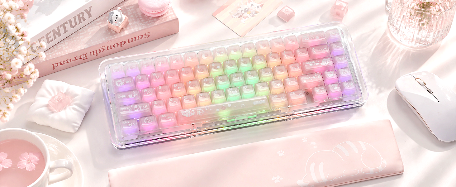 Clear Jelly Keycaps, Pink Cat Shine Through Keycaps Thick PC+ABS Crystal Translucent Keycaps