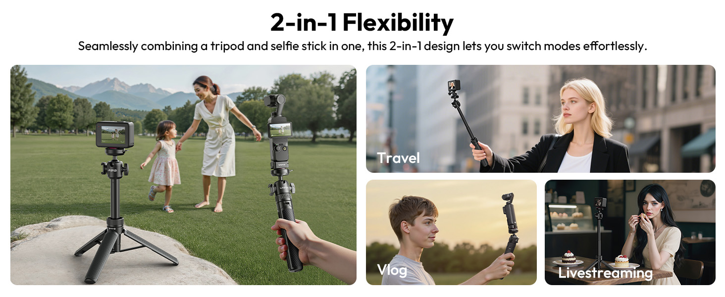 Text reads '2-in-1 Flexibility'. Series of lifestyle photos showing people stretching and exercising outdoors and indoors using exercise equipment.