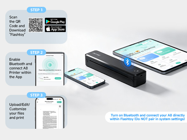 A8 Bluetooth printer to an iPhone, Android phone, or tablet through the Flashtoy app