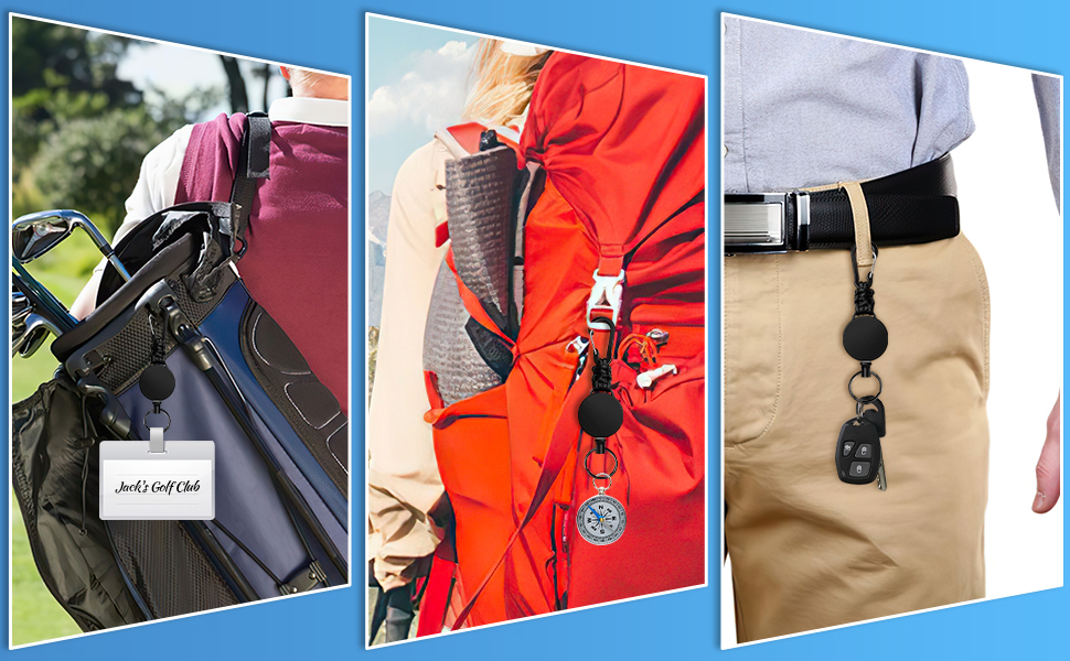 Triptych of retractable key holders: attached to backpack, clipped to jacket zipper, and secured to belt loop.