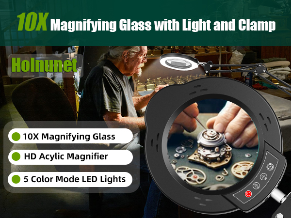 10X Magnifying Glass with Light and Clamp, 5 Color Modes Stepped Dimmable 2-in-1 with LED Desk Lamp