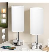 Fenmzee White Silver Bedside Table Lamps Set of 2-3 Color Temperatures Pull Chain Lamp with AC Ou...