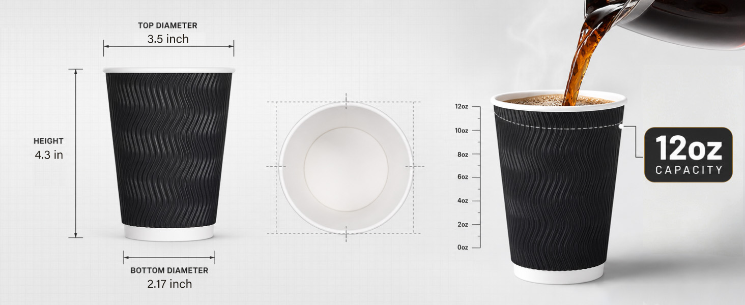 12 oz Disposable Paper Coffee Cups 100 Pack, Leak Proof Insulated Ripple Wall To-Go Cups