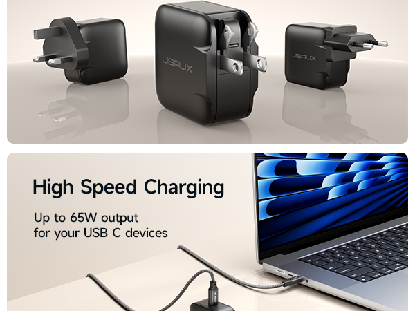 Black USB-C charger with folding prongs shown from multiple angles. Features high-speed 65W charging capability for USB-C devices, demonstrated with a laptop connection.