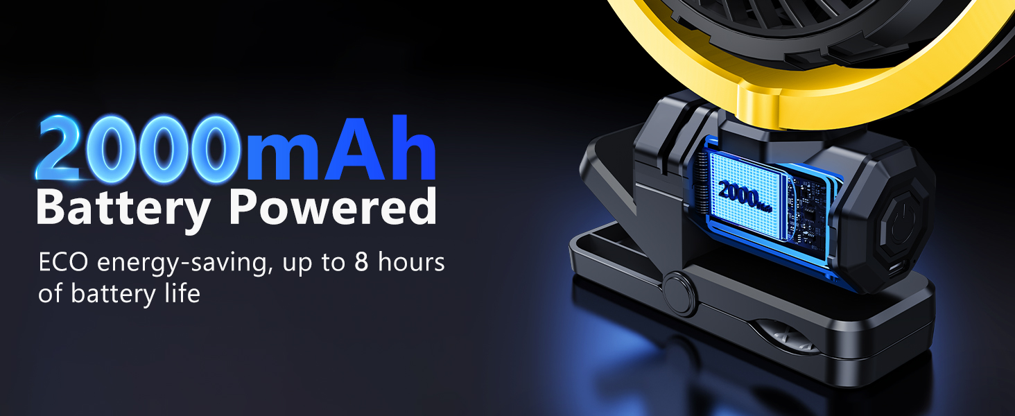 portable clip on fan rechargeable for car has a 2000mAh battery that offers up to 8h of coolness
