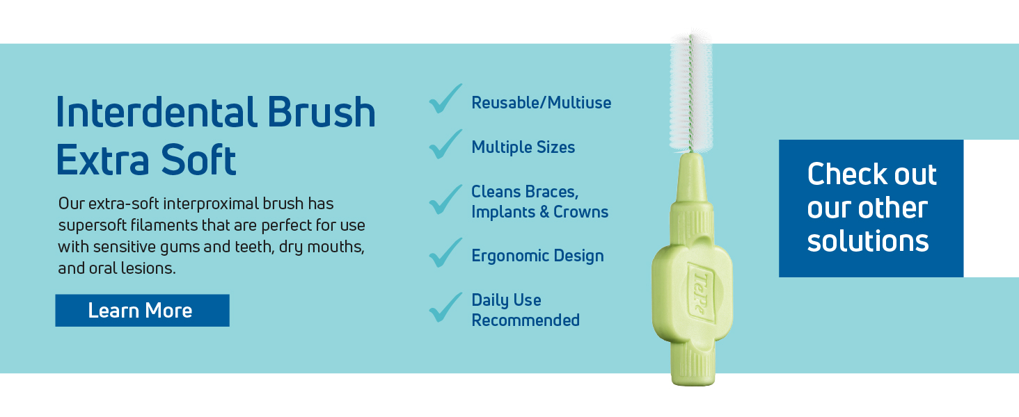 A soft tooth-pick brush. Text reads: Extra-soft brush has supersoft filaments for sensitive gums. 