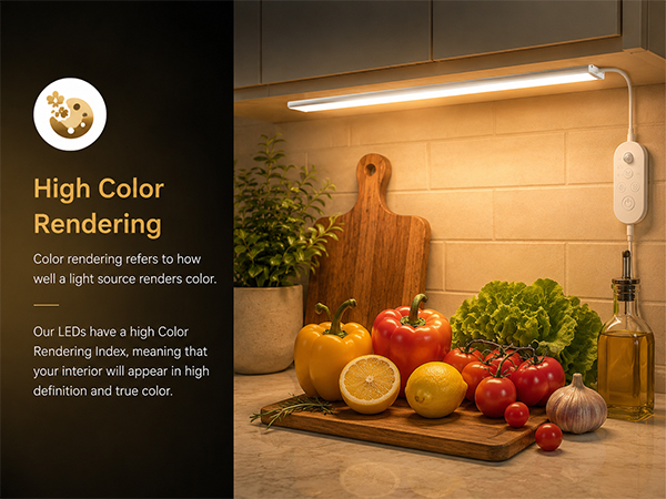 Under cabinet lighting showing vivid fruit colors with high color rendering
