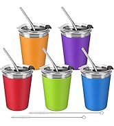 Stainless Steel Cups, 5pack Kids Cups with Spill Proof Lids, Stainless Steel Straws and Colorful ...