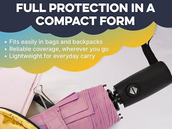 Text reads 'FULL PROTECTION IN A COMPACT FORM', 'Fits easily in bags and backpacks', 'Reliable coverage, wherever you go', 'Lightweight for everyday carry'. Marketing image with pastel geometric background.
