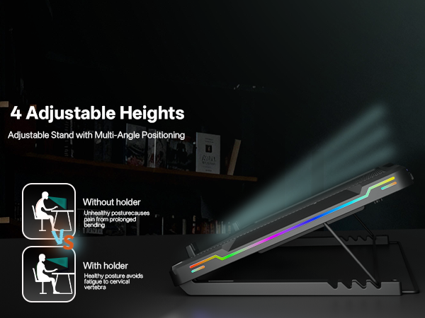 The cooling pad&amp;#39;s ergonomic stand is shown, demonstrating one of its 4 adjustable height settings