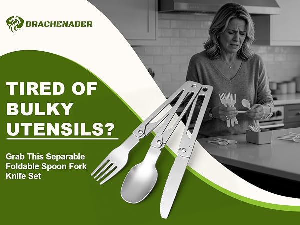DRACHENADER 3-piece foldable cutlery set with full-sized spoon, fork, and serrated knife.