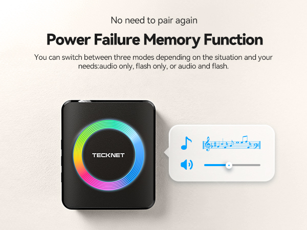 Text reads 'No need to pair again' and 'Power Failure Memory Function'. Electronic device interface showing audio controls and circular LED light ring.