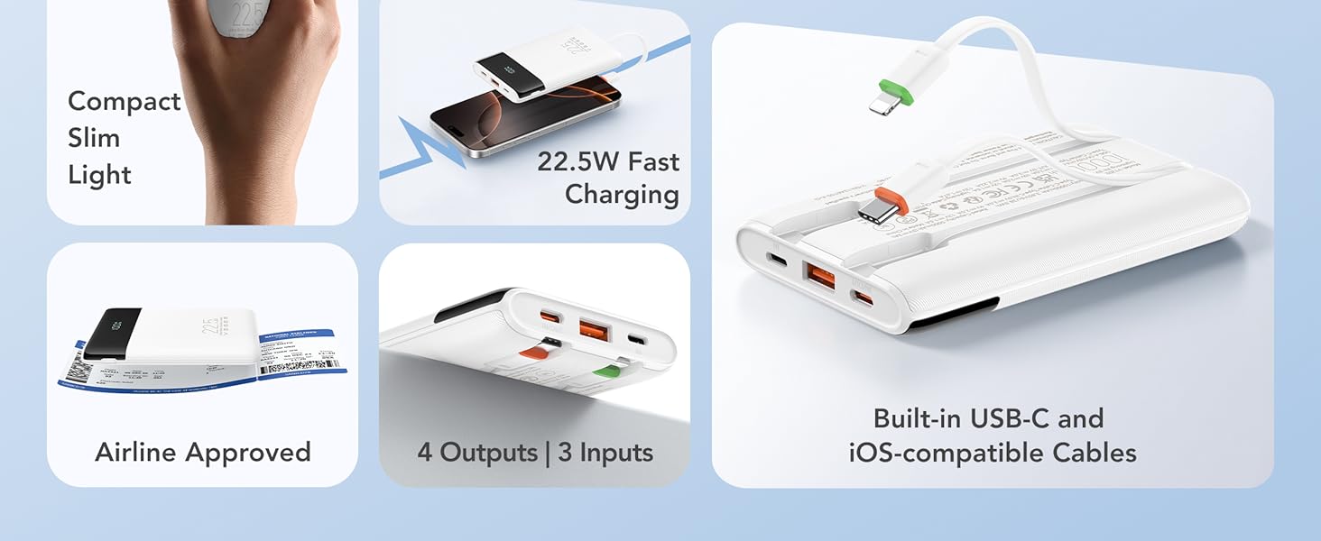 Compact Slim Power Bank, 22.5W Fast Charging, Airline Approved battery backup, 4 Outputs,3 Inputs