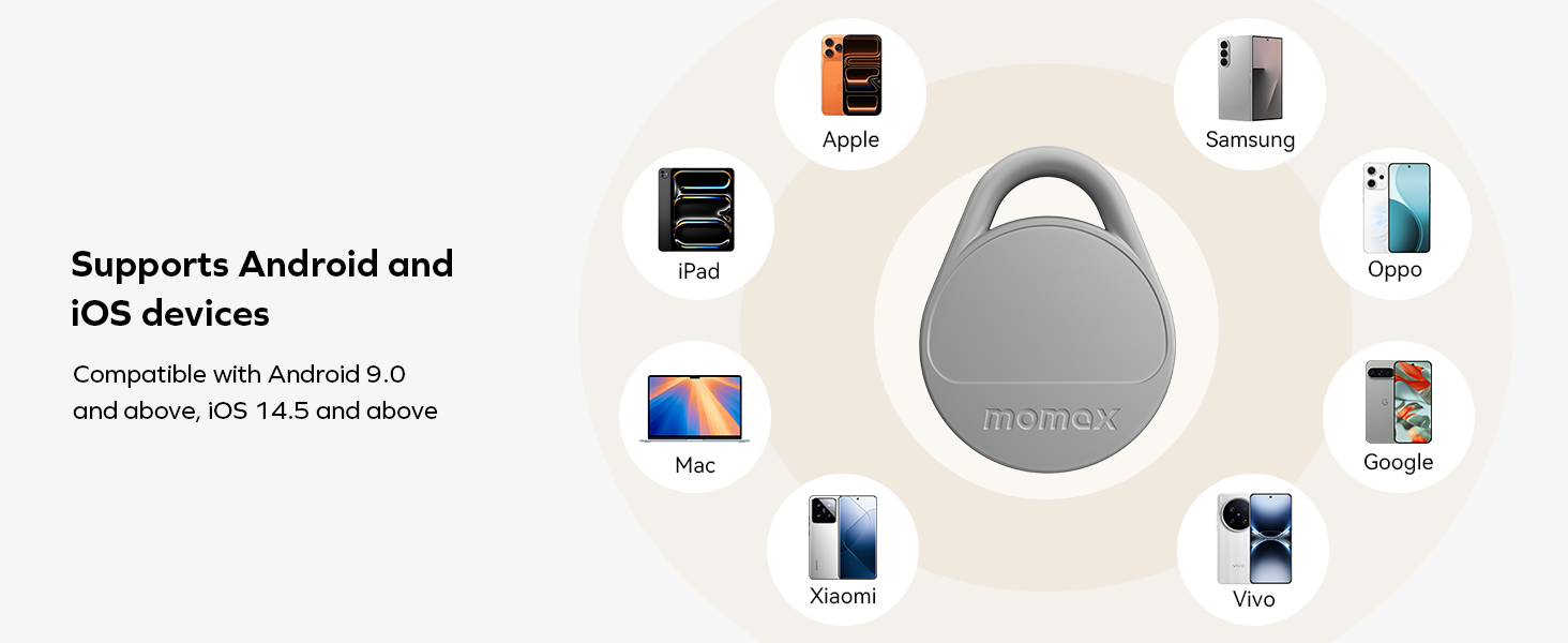 Text reads 'Supports Android and iOS devices'. Series of mobile device screens showing app interface and connectivity features.