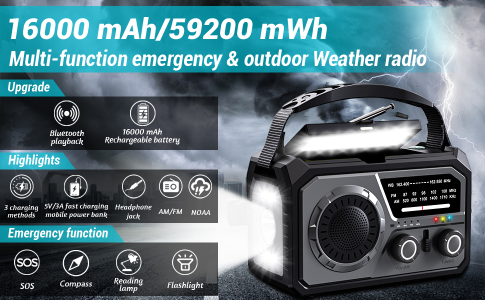 16000mah Emergency Weather Radio Hand Crank Solar Radio Battery Powered Portable Am/Fm/Wb NOAA 