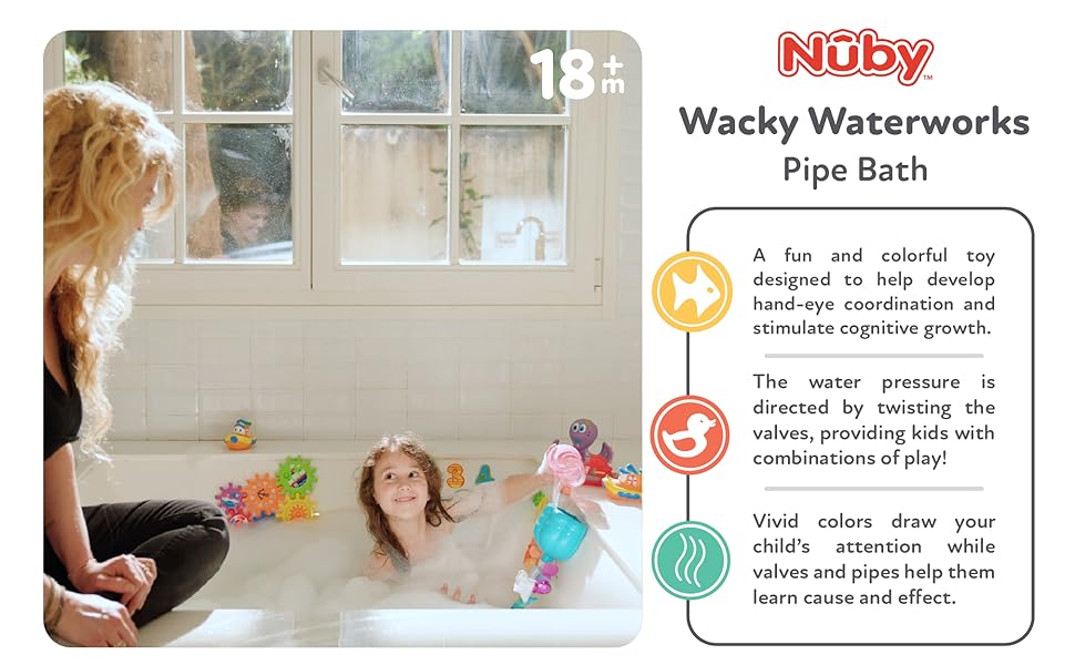wacky waterworks, bath time, bath toy, play, development, learning, grow, fun, water