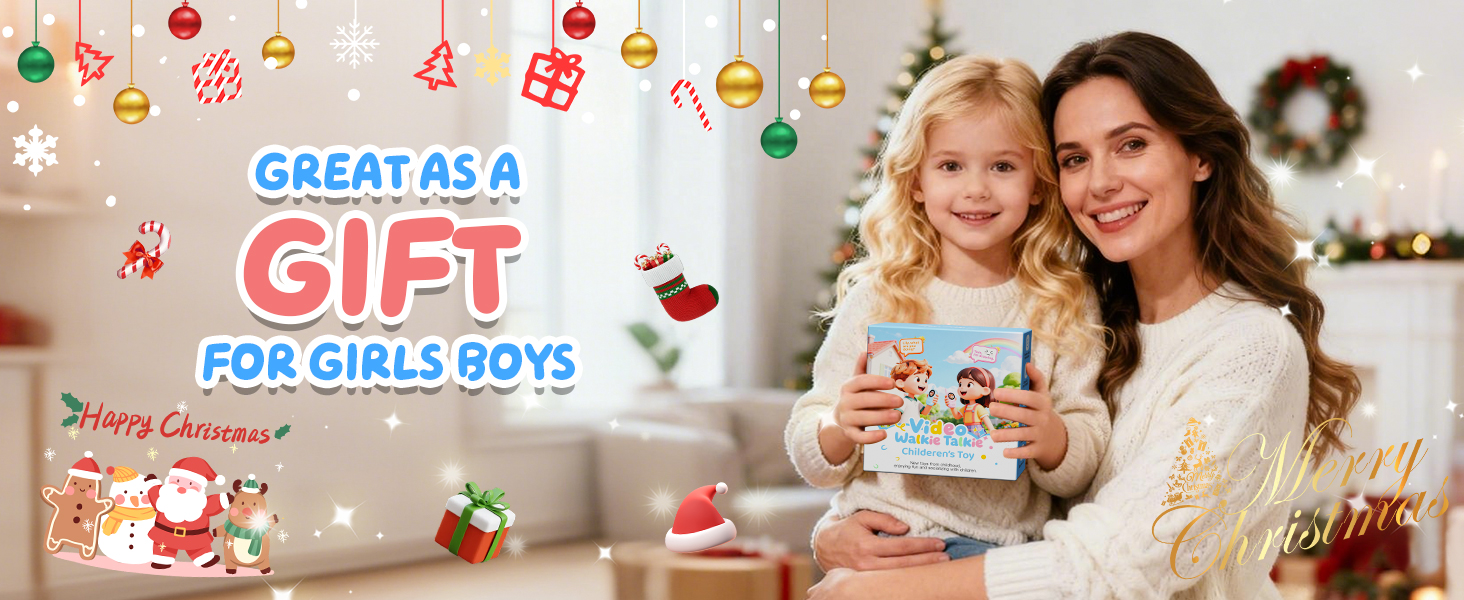 Text reads 'GIFT' and 'GREAT DEAL FOR GIRLS BOYS'. Holiday-themed banner with gift boxes, ornaments, and festive decorations in pink and red colors.